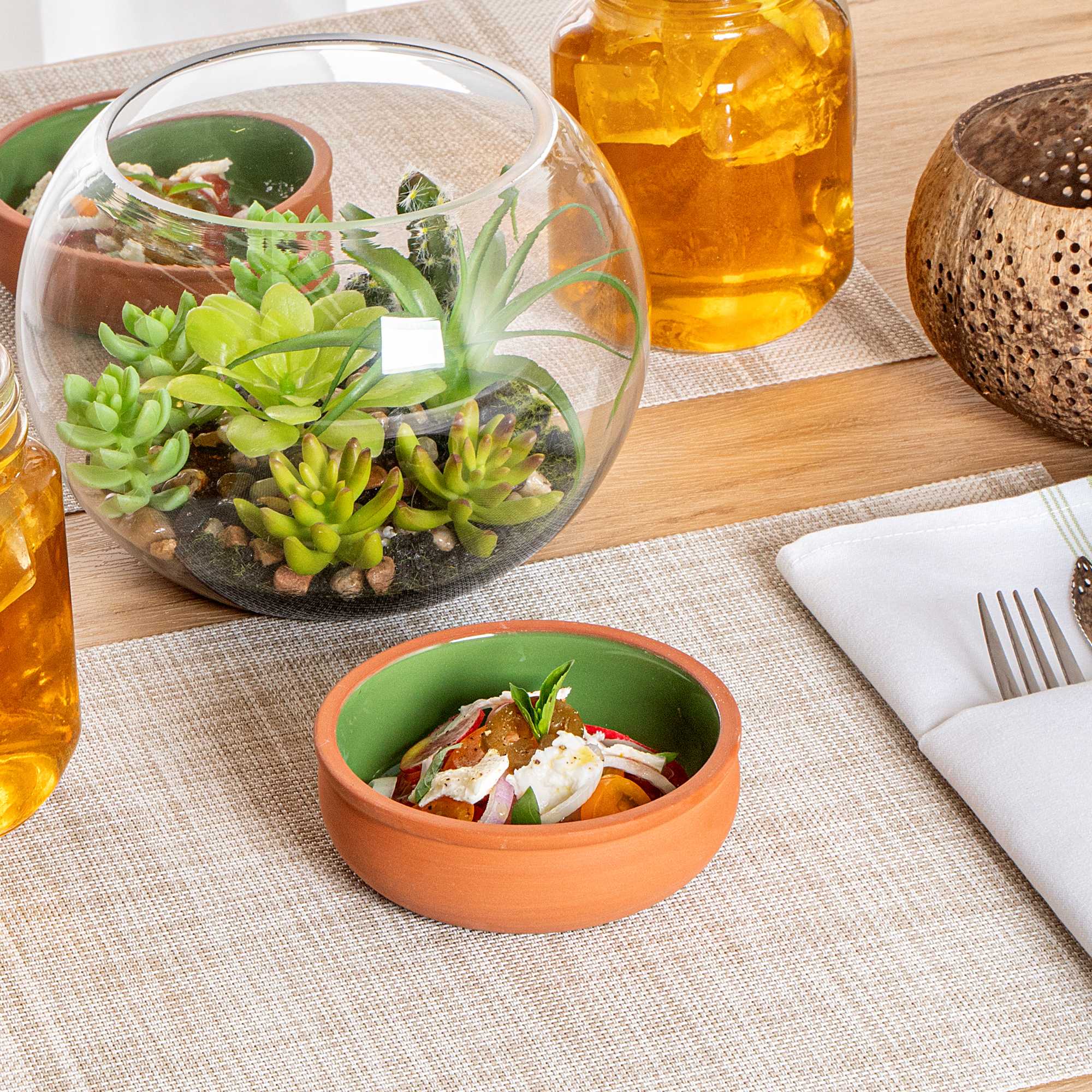 Terra Tek 7 oz Terracotta Cazuela Bowl - Green Glazed Interior, Oven-Safe, Microwave-Safe - 4 1/2'' x 4 1/2'' x 1 1/2'' - 2 count box