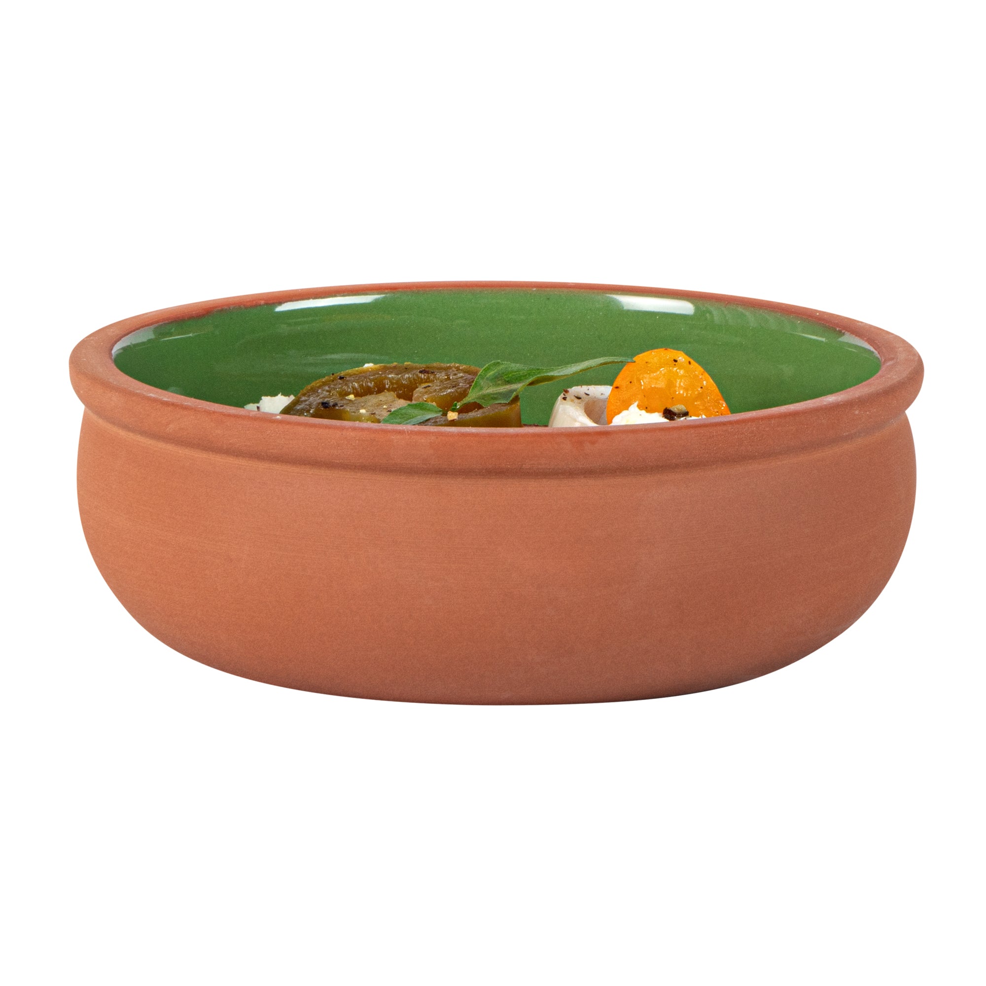 Terra Tek 7 oz Terracotta Cazuela Bowl - Green Glazed Interior, Oven-Safe, Microwave-Safe - 4 1/2'' x 4 1/2'' x 1 1/2'' - 10 count box