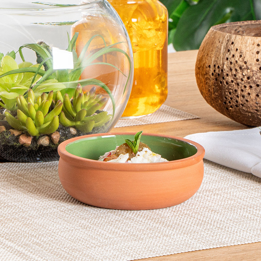 Terra Tek 7 oz Terracotta Cazuela Bowl - Green Glazed Interior, Oven-Safe, Microwave-Safe - 4 1/2'' x 4 1/2'' x 1 1/2'' - 10 count box