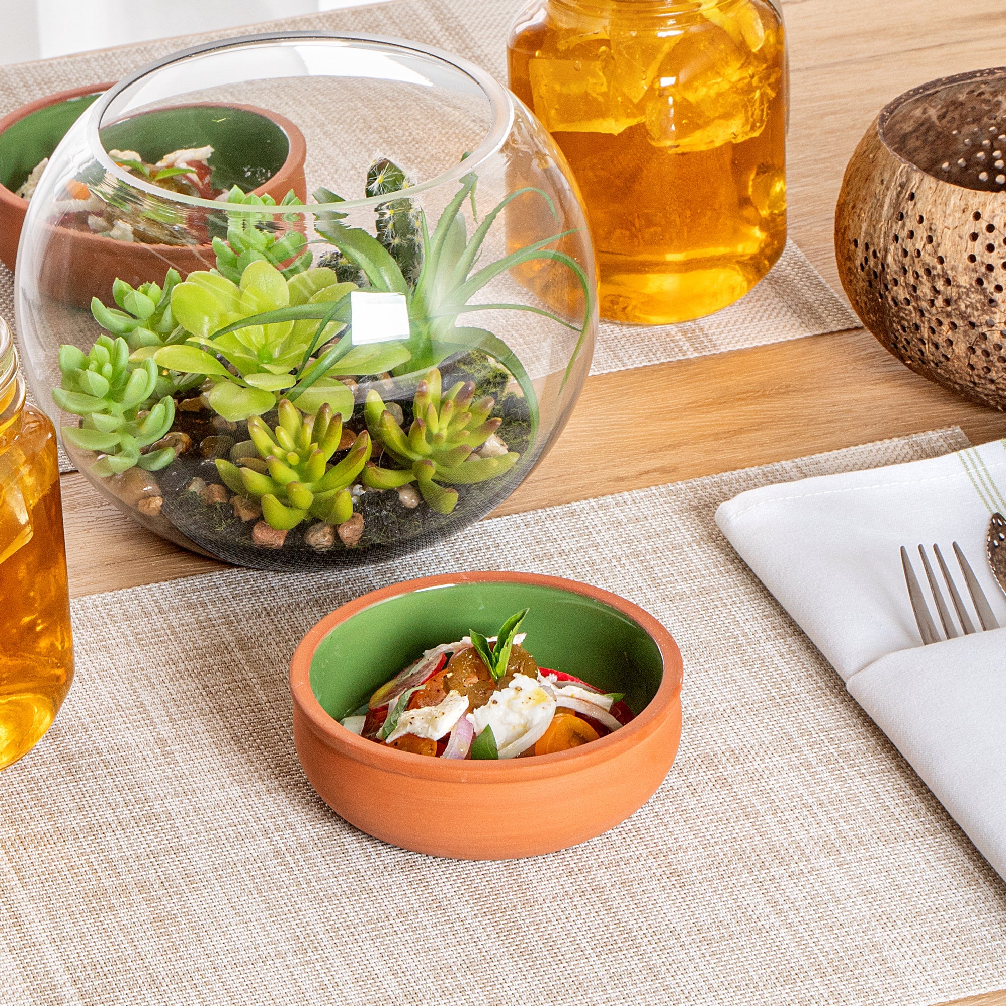 Terra Tek 7 oz Terracotta Cazuela Bowl - Green Glazed Interior, Oven-Safe, Microwave-Safe - 4 1/2'' x 4 1/2'' x 1 1/2'' - 10 count box