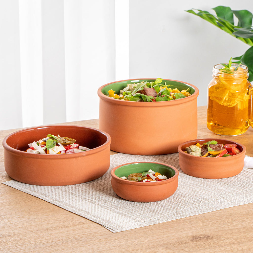Terra Tek 7 oz Terracotta Cazuela Bowl - Green Glazed Interior, Oven-Safe, Microwave-Safe - 4 1/2'' x 4 1/2'' x 1 1/2'' - 10 count box