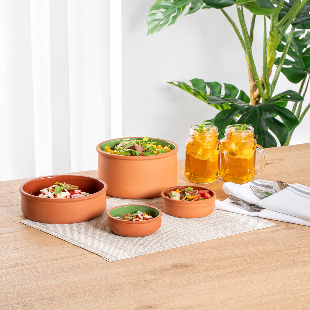 Terra Tek 7 oz Terracotta Cazuela Bowl - Green Glazed Interior, Oven-Safe, Microwave-Safe - 4 1/2'' x 4 1/2'' x 1 1/2'' - 10 count box