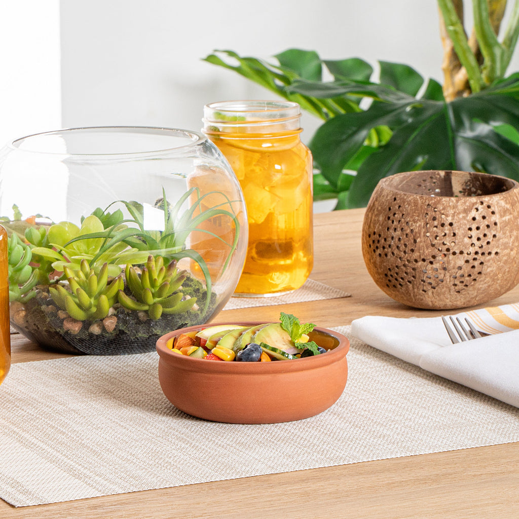 Terra Tek 7 oz Terracotta Cazuela Bowl - Yellow Glazed Interior, Oven-Safe, Microwave-Safe - 4 1/2'' x 4 1/2'' x 1 1/2'' - 2 count box