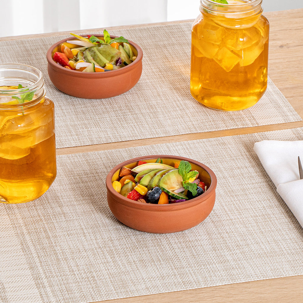 Terra Tek 7 oz Terracotta Cazuela Bowl - Yellow Glazed Interior, Oven-Safe, Microwave-Safe - 4 1/2'' x 4 1/2'' x 1 1/2'' - 10 count box