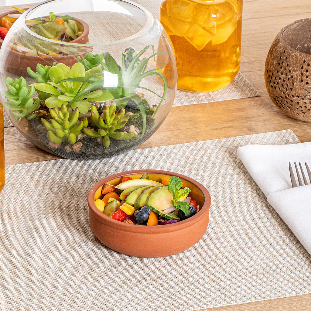 Terra Tek 7 oz Terracotta Cazuela Bowl - Yellow Glazed Interior, Oven-Safe, Microwave-Safe - 4 1/2'' x 4 1/2'' x 1 1/2'' - 10 count box