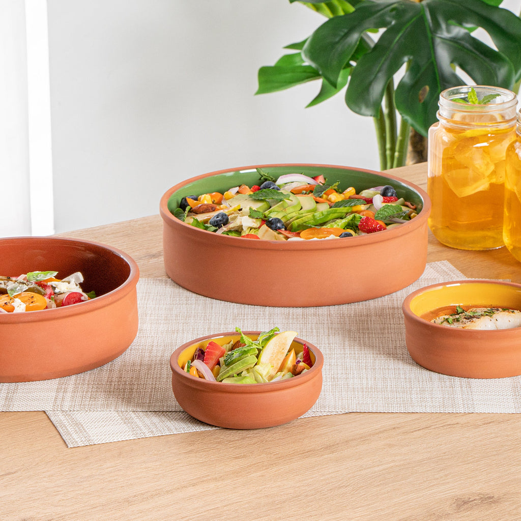 Terra Tek 7 oz Terracotta Cazuela Bowl - Yellow Glazed Interior, Oven-Safe, Microwave-Safe - 4 1/2'' x 4 1/2'' x 1 1/2'' - 10 count box
