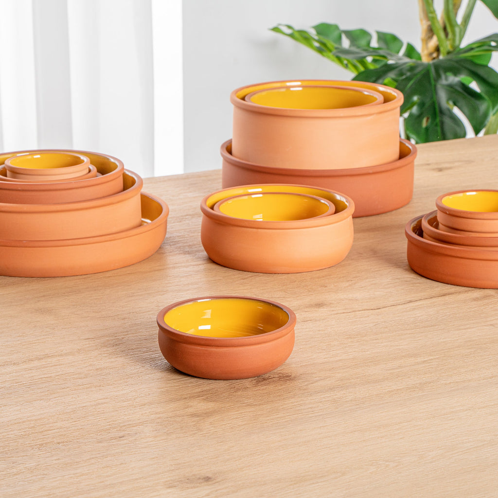 Terra Tek 7 oz Terracotta Cazuela Bowl - Yellow Glazed Interior, Oven-Safe, Microwave-Safe - 4 1/2'' x 4 1/2'' x 1 1/2'' - 10 count box
