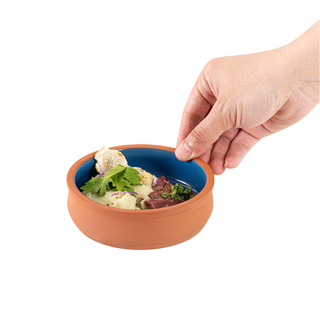 Terra Tek 9 oz Terracotta Cazuela Bowl - Blue Glazed Interior, Oven-Safe, Microwave-Safe - 4 3/4'' x 4 3/4'' x 1 1/2'' - 2 count box