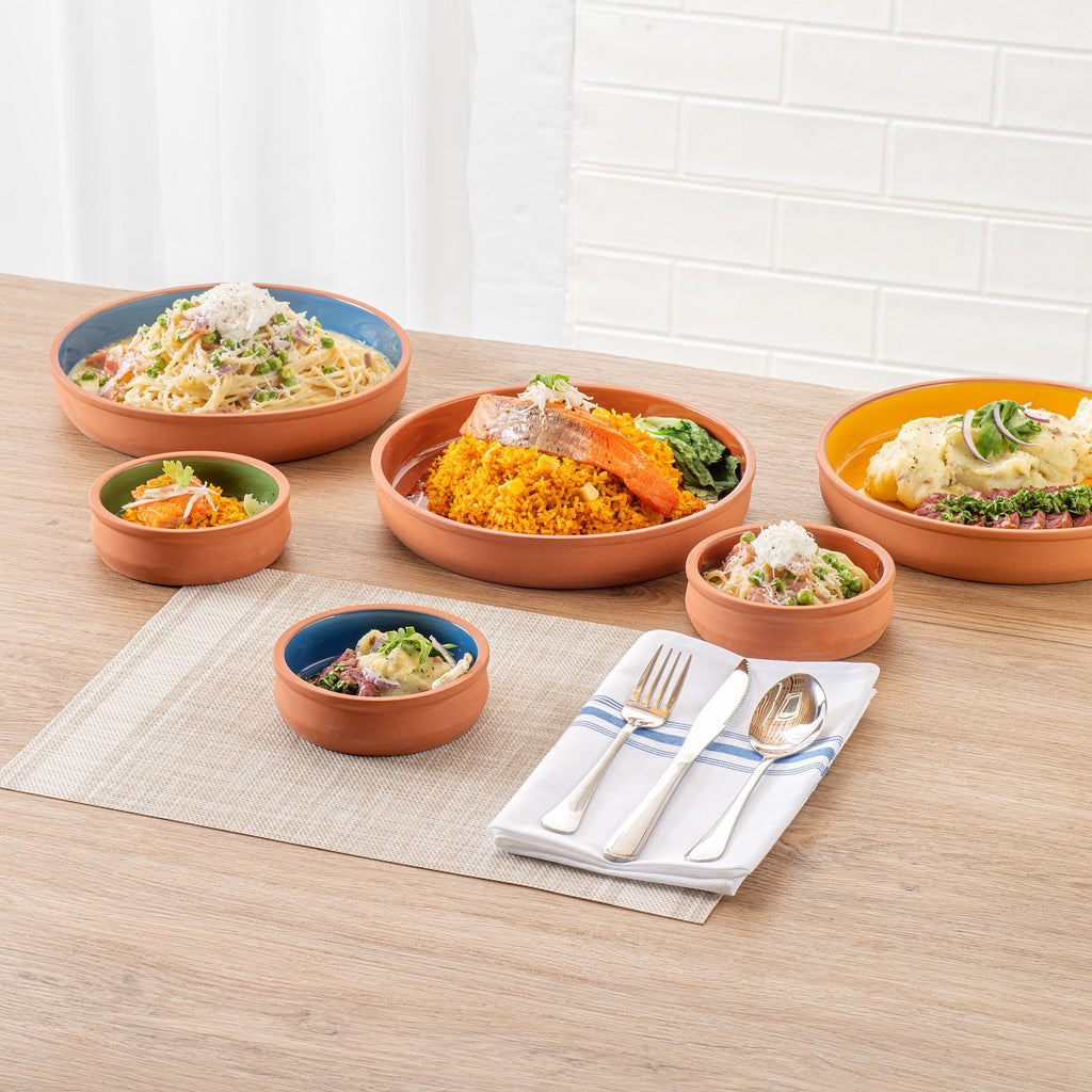 Terra Tek 9 oz Terracotta Cazuela Bowl - Blue Glazed Interior, Oven-Safe, Microwave-Safe - 4 3/4'' x 4 3/4'' x 1 1/2'' - 10 count box