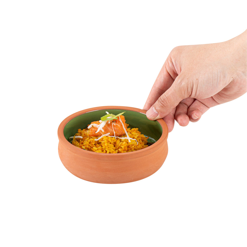Terra Tek 9 oz Terracotta Cazuela Bowl - Green Glazed Interior, Oven-Safe, Microwave-Safe - 4 3/4'' x 4 3/4'' x 1 1/2'' - 2 count box