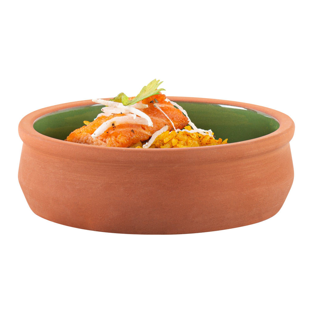 Terra Tek 9 oz Terracotta Cazuela Bowl - Green Glazed Interior, Oven-Safe, Microwave-Safe - 4 3/4'' x 4 3/4'' x 1 1/2'' - 10 count box