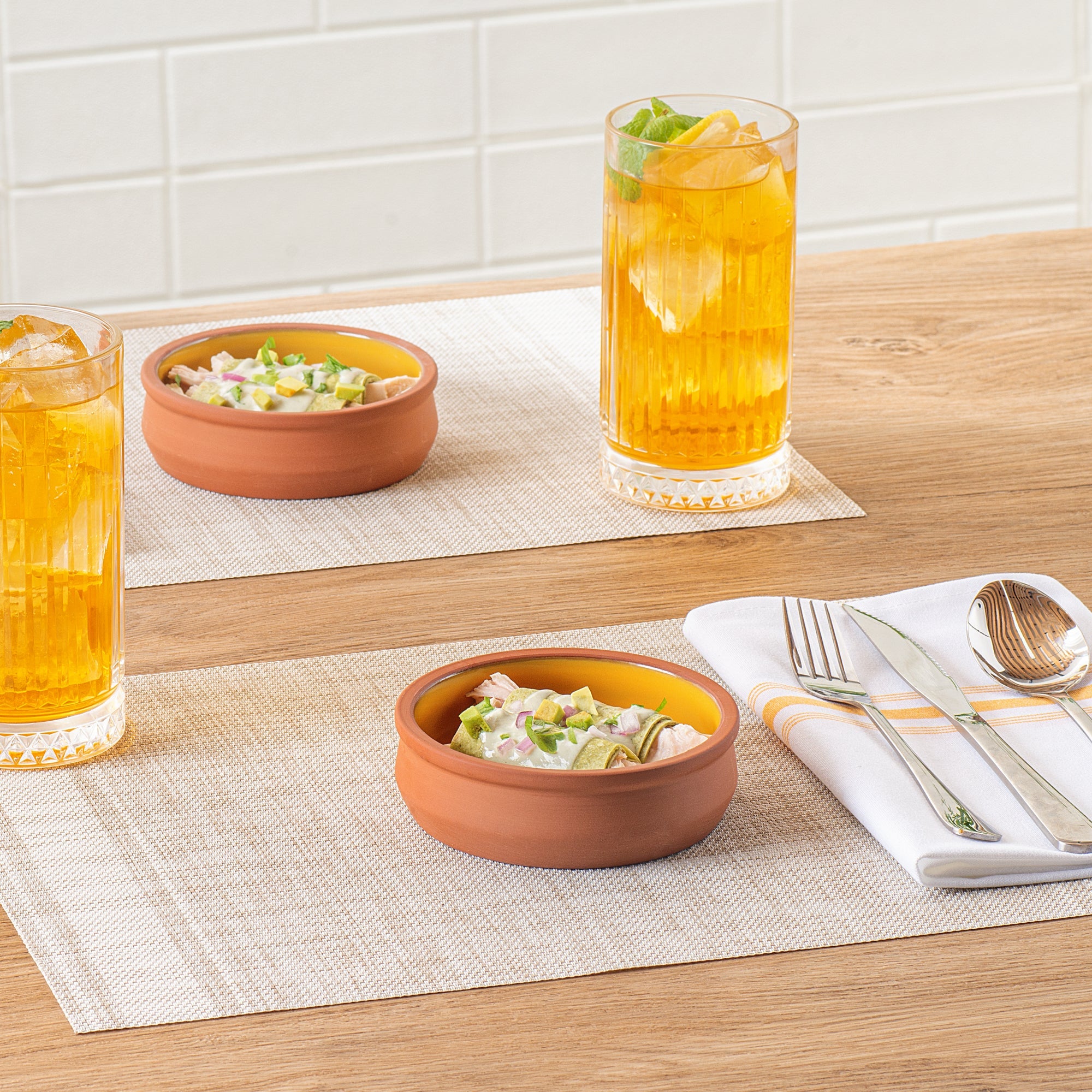 Terra Tek 9 oz Terracotta Cazuela Bowl - Yellow Glazed Interior, Oven-Safe, Microwave-Safe - 4 3/4'' x 4 3/4'' x 1 1/2'' - 2 count box