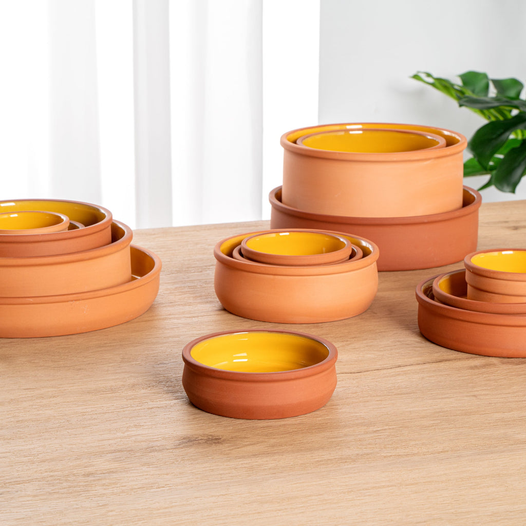 Terra Tek 9 oz Terracotta Cazuela Bowl - Yellow Glazed Interior, Oven-Safe, Microwave-Safe - 4 3/4'' x 4 3/4'' x 1 1/2'' - 2 count box