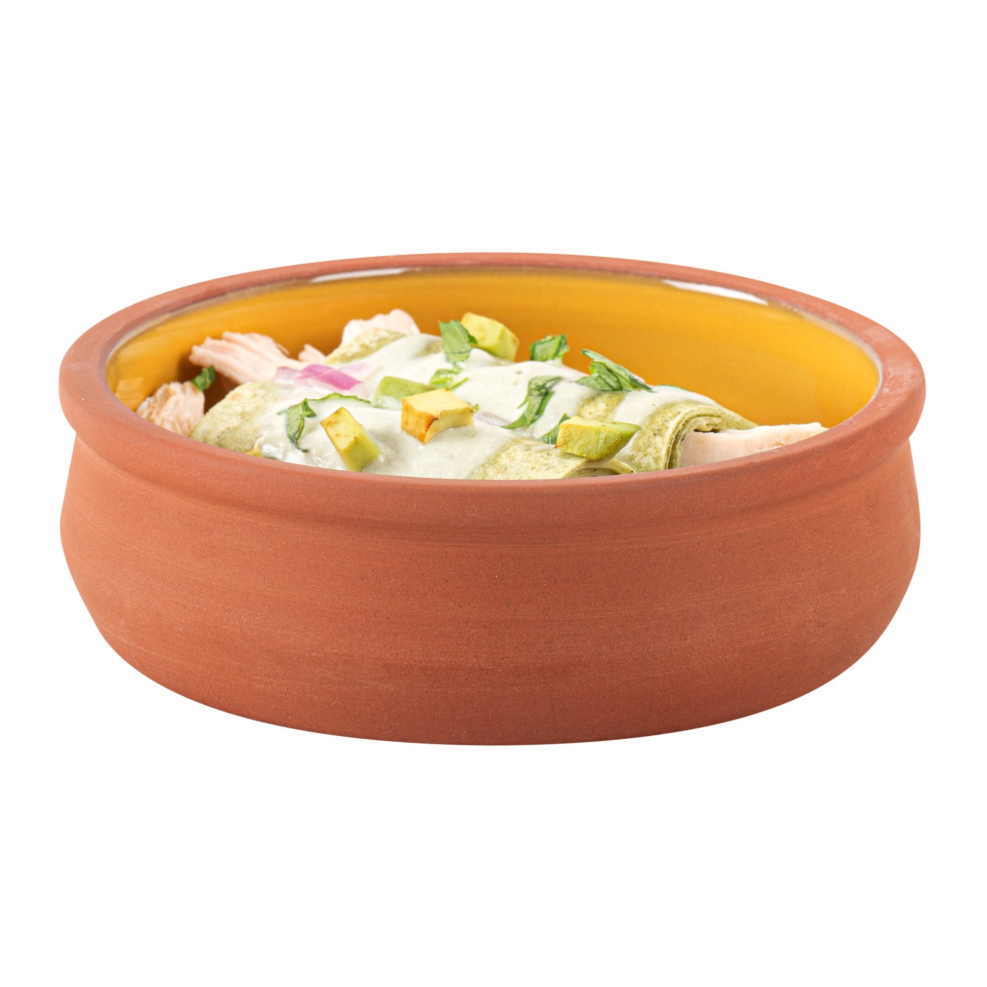 Terra Tek 9 oz Terracotta Cazuela Bowl - Yellow Glazed Interior, Oven-Safe, Microwave-Safe - 4 3/4'' x 4 3/4'' x 1 1/2'' - 10 count box