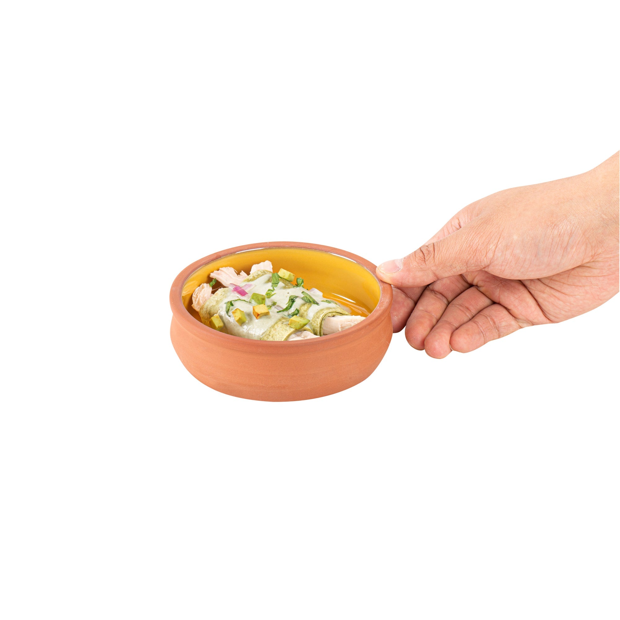 Terra Tek 9 oz Terracotta Cazuela Bowl - Yellow Glazed Interior, Oven-Safe, Microwave-Safe - 4 3/4'' x 4 3/4'' x 1 1/2'' - 10 count box