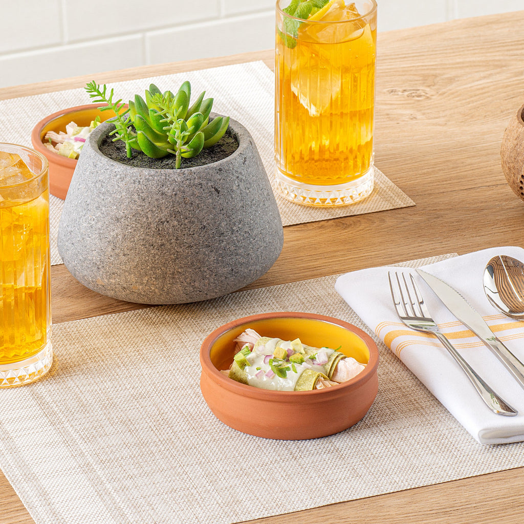 Terra Tek 9 oz Terracotta Cazuela Bowl - Yellow Glazed Interior, Oven-Safe, Microwave-Safe - 4 3/4'' x 4 3/4'' x 1 1/2'' - 10 count box