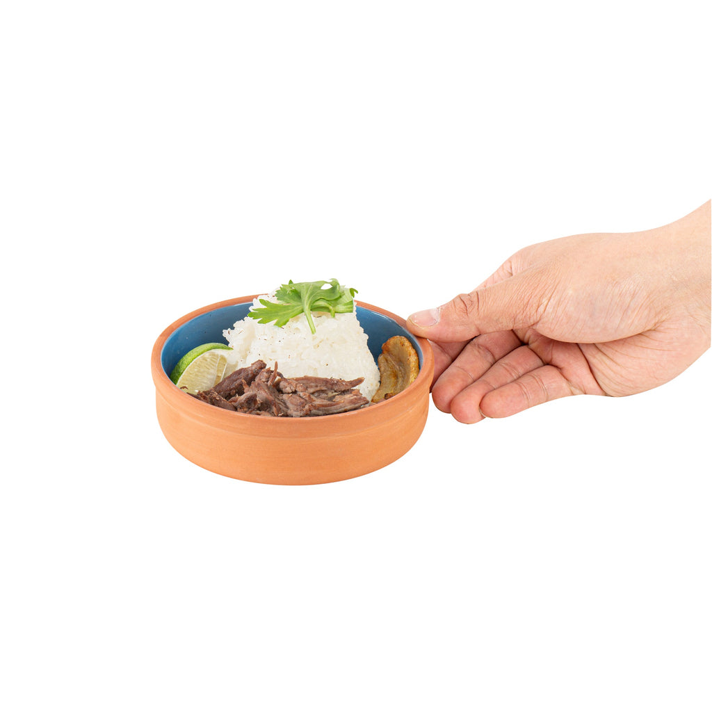 Terra Tek 9 oz Terracotta Cazuela Bowl - Blue Glazed Interior, Oven-Safe, Microwave-Safe - 5'' x 5'' x 1 1/4'' - 2 count box