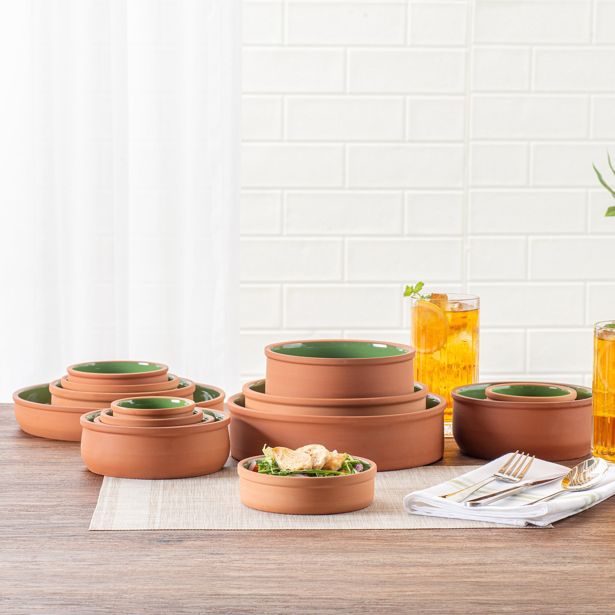 Terra Tek 9 oz Terracotta Cazuela Bowl - Green Glazed Interior, Oven-Safe, Microwave-Safe - 5'' x 5'' x 1 1/4'' - 2 count box