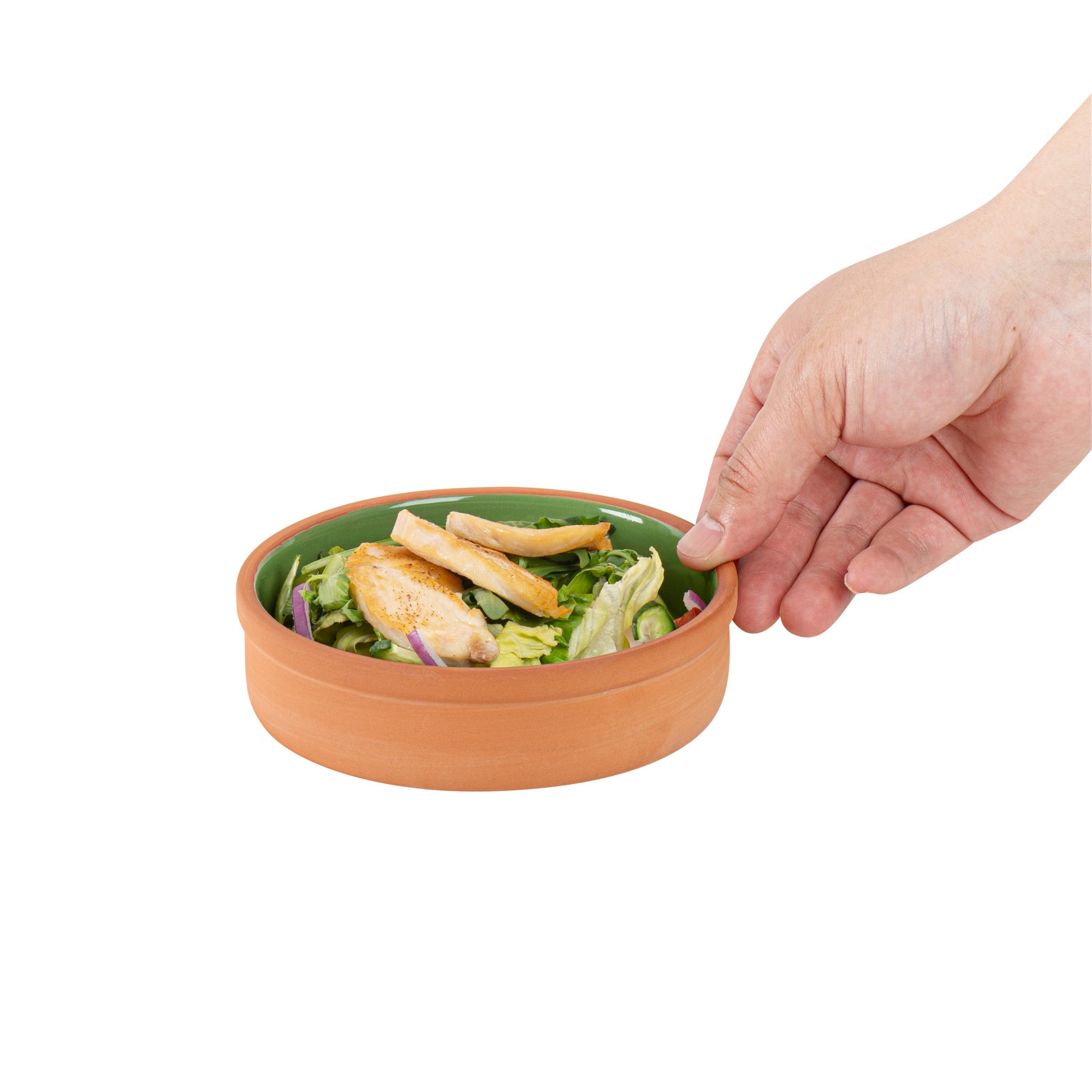 Terra Tek 9 oz Terracotta Cazuela Bowl - Green Glazed Interior, Oven-Safe, Microwave-Safe - 5'' x 5'' x 1 1/4'' - 10 count box