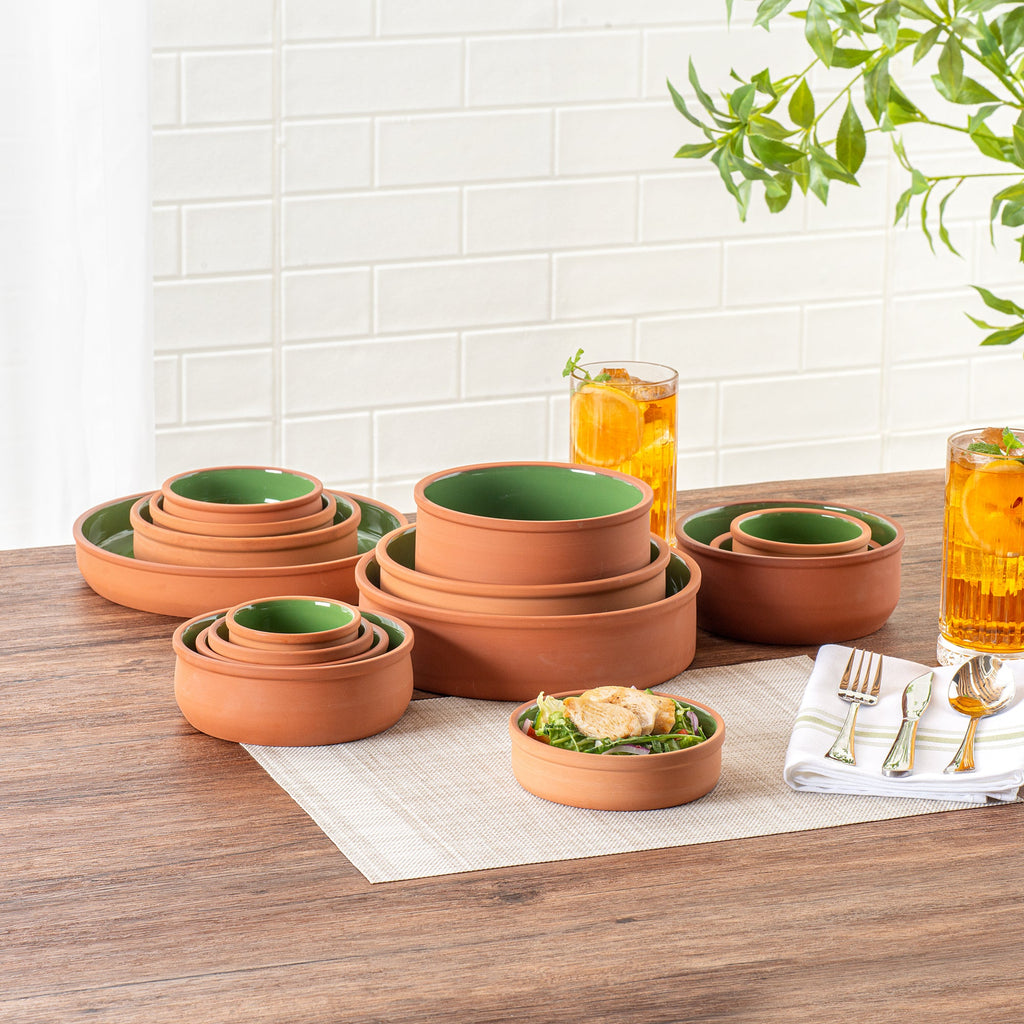 Terra Tek 9 oz Terracotta Cazuela Bowl - Green Glazed Interior, Oven-Safe, Microwave-Safe - 5'' x 5'' x 1 1/4'' - 10 count box