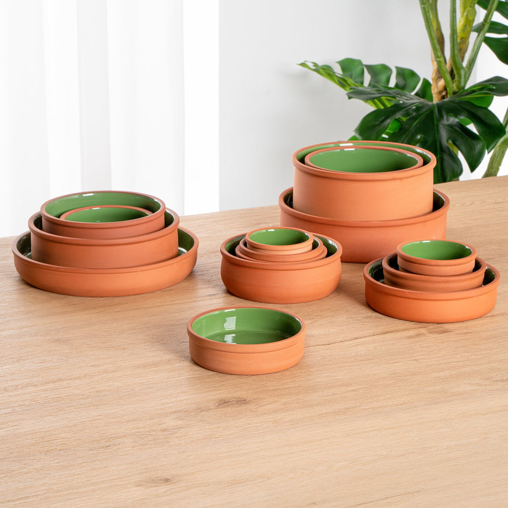 Terra Tek 9 oz Terracotta Cazuela Bowl - Green Glazed Interior, Oven-Safe, Microwave-Safe - 5'' x 5'' x 1 1/4'' - 10 count box