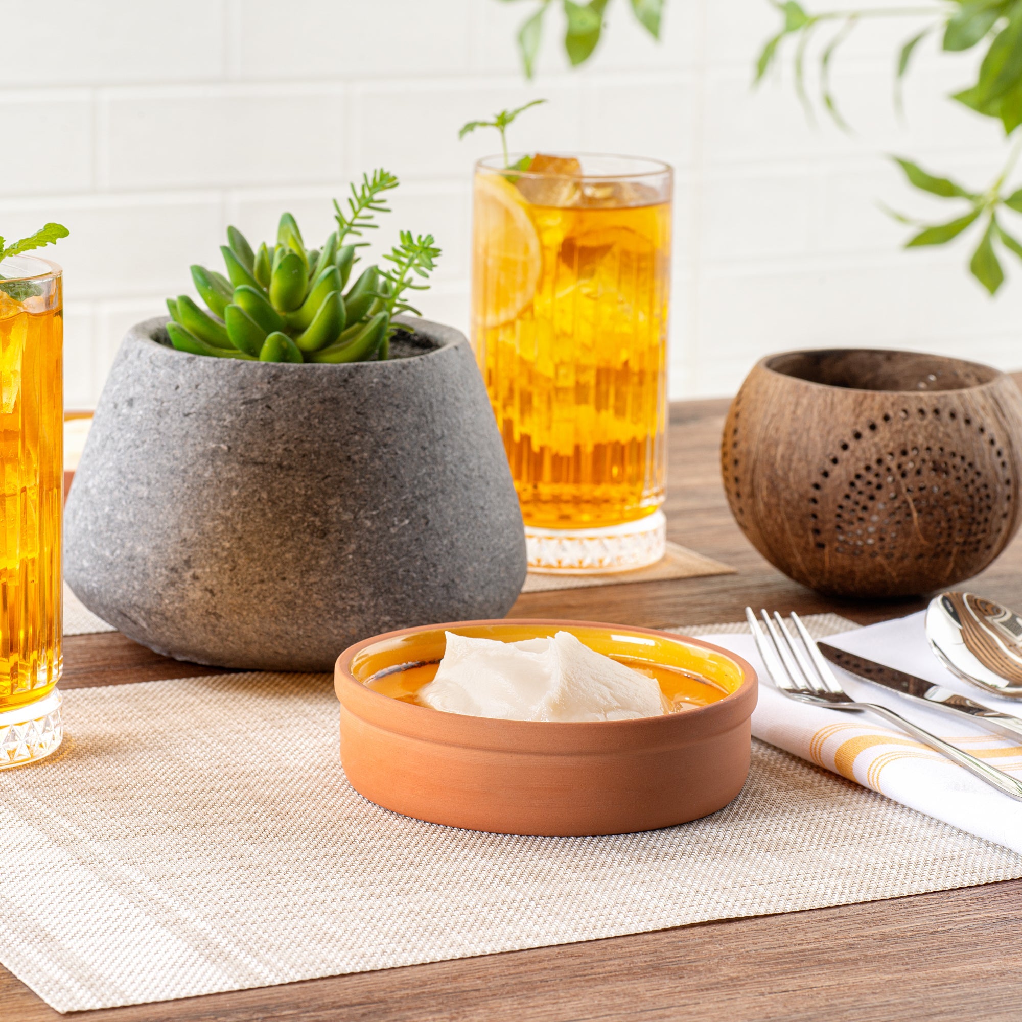 Terra Tek 9 oz Terracotta Cazuela Bowl - Yellow Glazed Interior, Oven-Safe, Microwave-Safe - 5'' x 5'' x 1 1/4'' - 2 count box