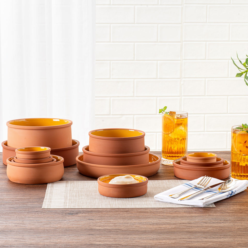 Terra Tek 9 oz Terracotta Cazuela Bowl - Yellow Glazed Interior, Oven-Safe, Microwave-Safe - 5'' x 5'' x 1 1/4'' - 2 count box