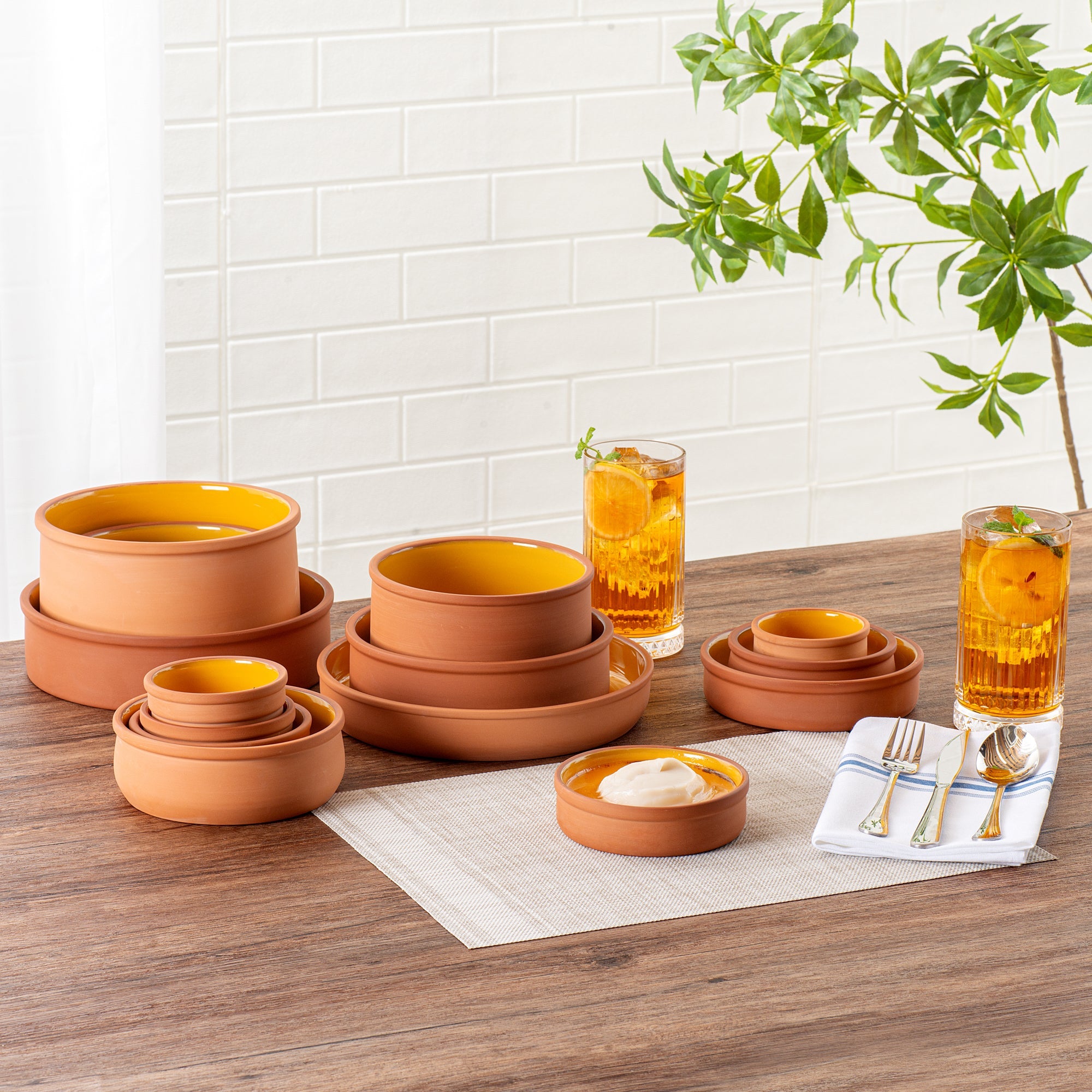 Terra Tek 9 oz Terracotta Cazuela Bowl - Yellow Glazed Interior, Oven-Safe, Microwave-Safe - 5'' x 5'' x 1 1/4'' - 2 count box