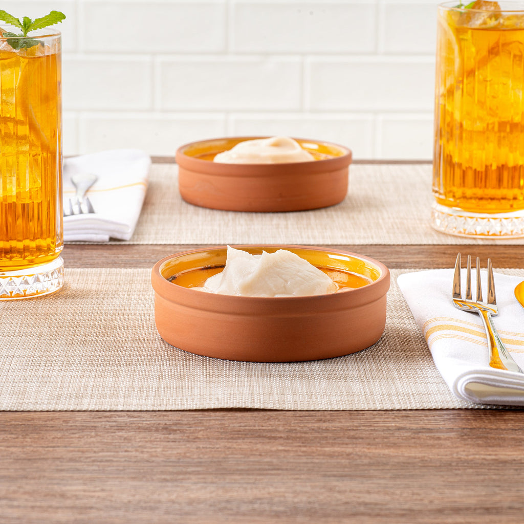 Terra Tek 9 oz Terracotta Cazuela Bowl - Yellow Glazed Interior, Oven-Safe, Microwave-Safe - 5'' x 5'' x 1 1/4'' - 10 count box