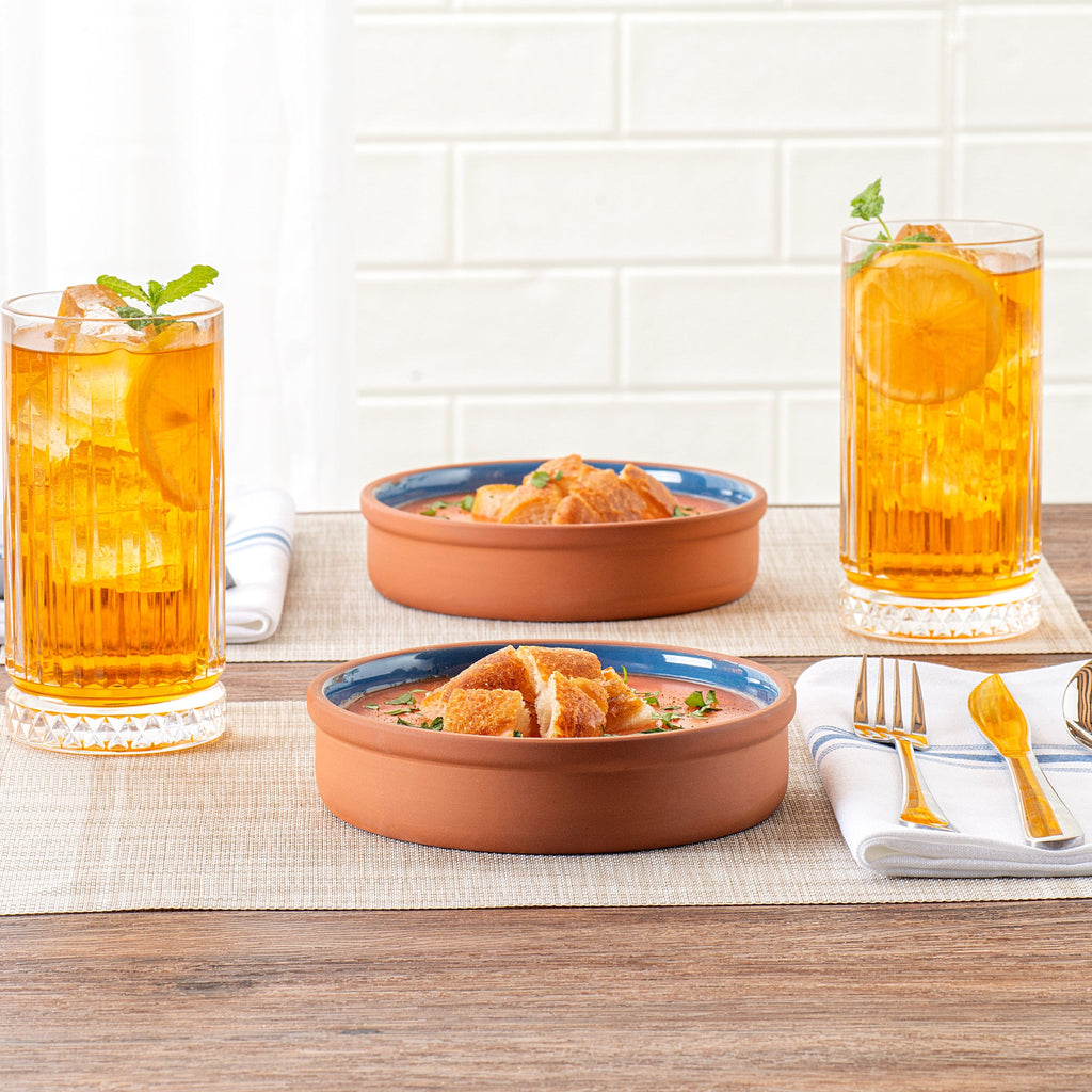 Terra Tek 15 oz Terracotta Cazuela Bowl - Blue Glazed Interior, Oven-Safe, Microwave-Safe - 6 1/4" x 6 1/4" x 1 1/2" - 2 count box