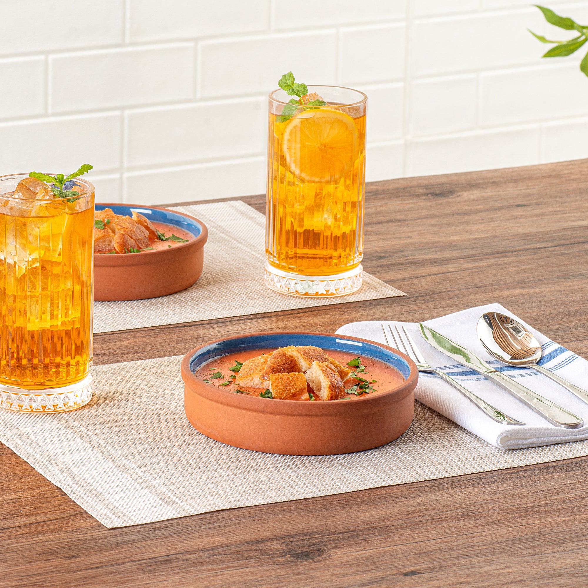 Terra Tek 15 oz Terracotta Cazuela Bowl - Blue Glazed Interior, Oven-Safe, Microwave-Safe - 6 1/4" x 6 1/4" x 1 1/2" - 10 count box