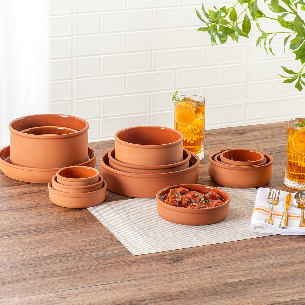 Terra Tek 15 oz Terracotta Cazuela Bowl - Brown Glazed Interior, Oven-Safe, Microwave-Safe - 6 1/4" x 6 1/4" x 1 1/2" - 10 count box