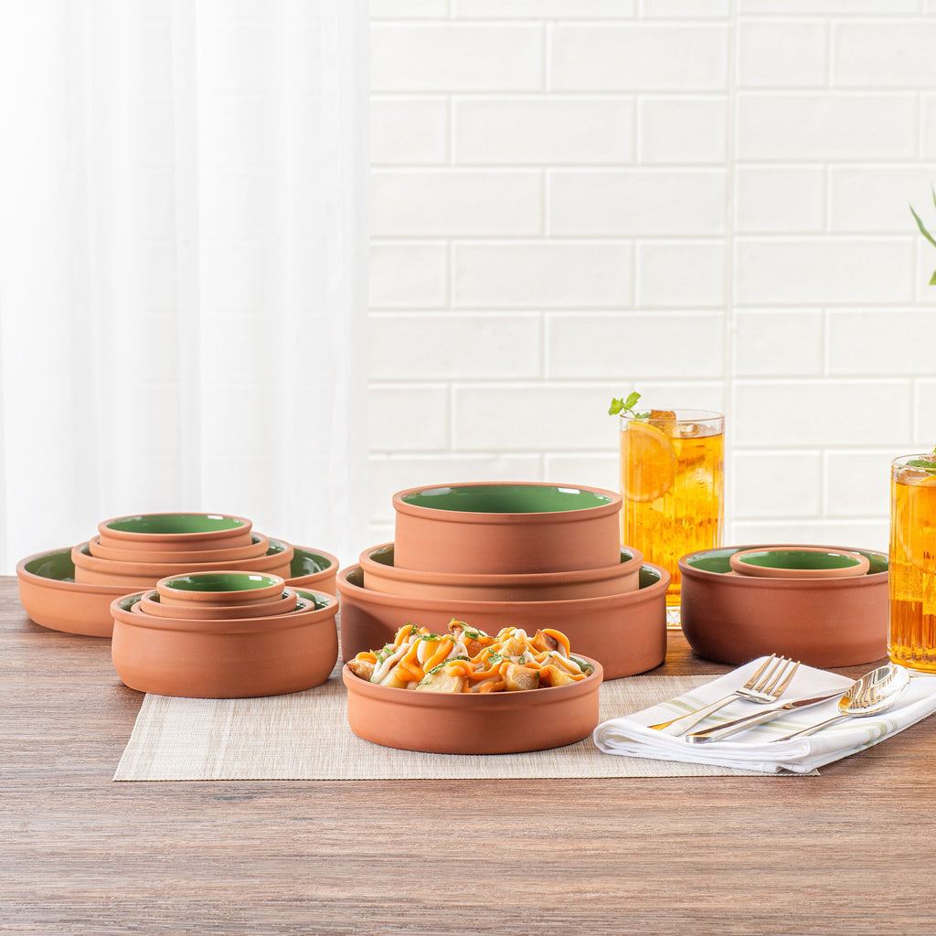 Terra Tek 15 oz Terracotta Cazuela Bowl - Green Glazed Interior, Oven-Safe, Microwave-Safe - 6 1/4" x 6 1/4" x 1 1/2" - 10 count box