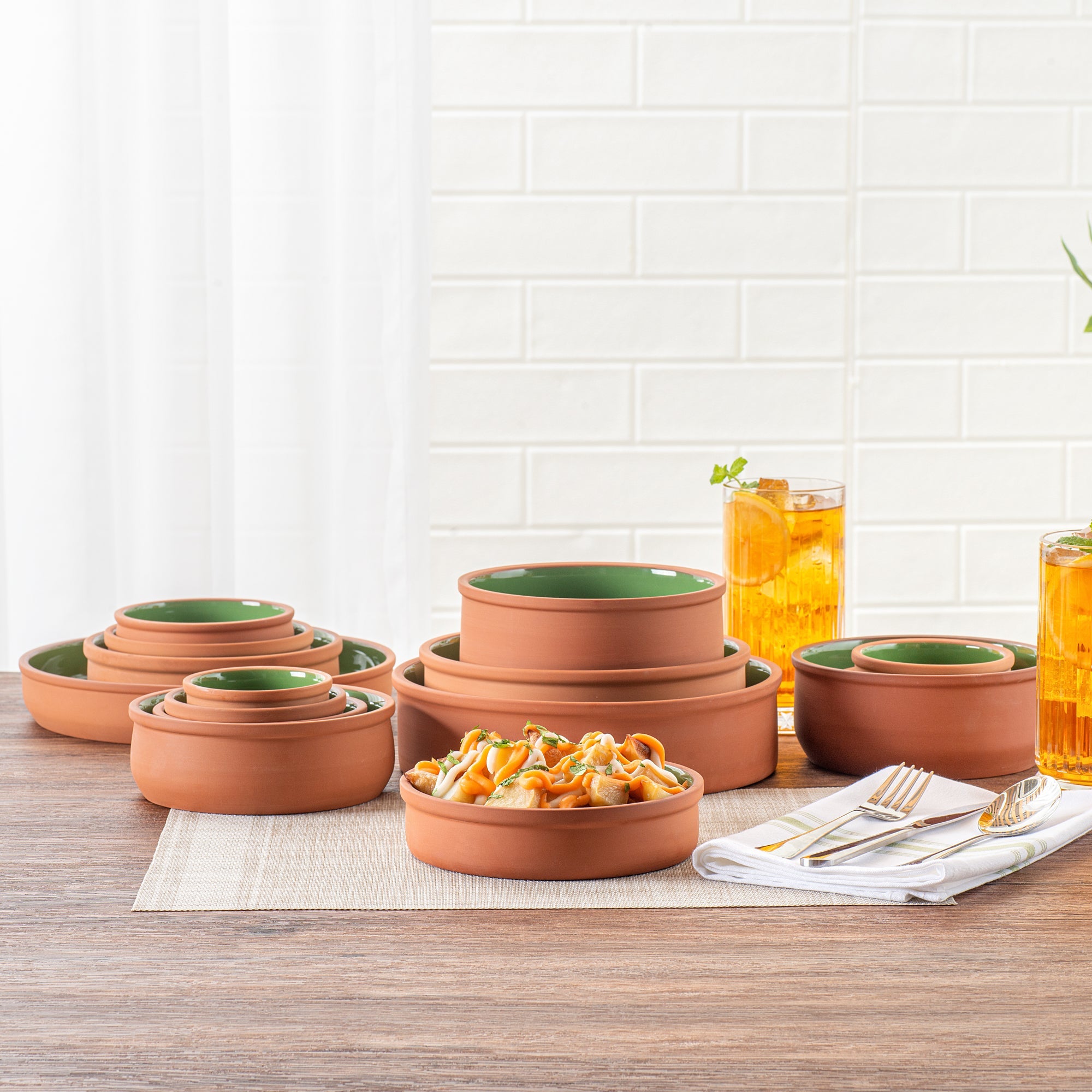 Terra Tek 15 oz Terracotta Cazuela Bowl - Green Glazed Interior, Oven-Safe, Microwave-Safe - 6 1/4" x 6 1/4" x 1 1/2" - 10 count box