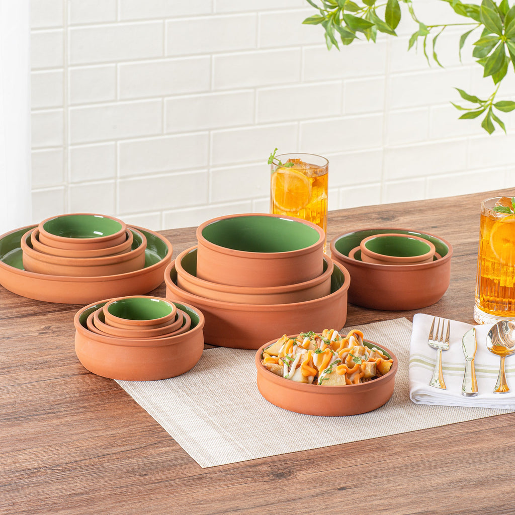 Terra Tek 15 oz Terracotta Cazuela Bowl - Green Glazed Interior, Oven-Safe, Microwave-Safe - 6 1/4" x 6 1/4" x 1 1/2" - 10 count box