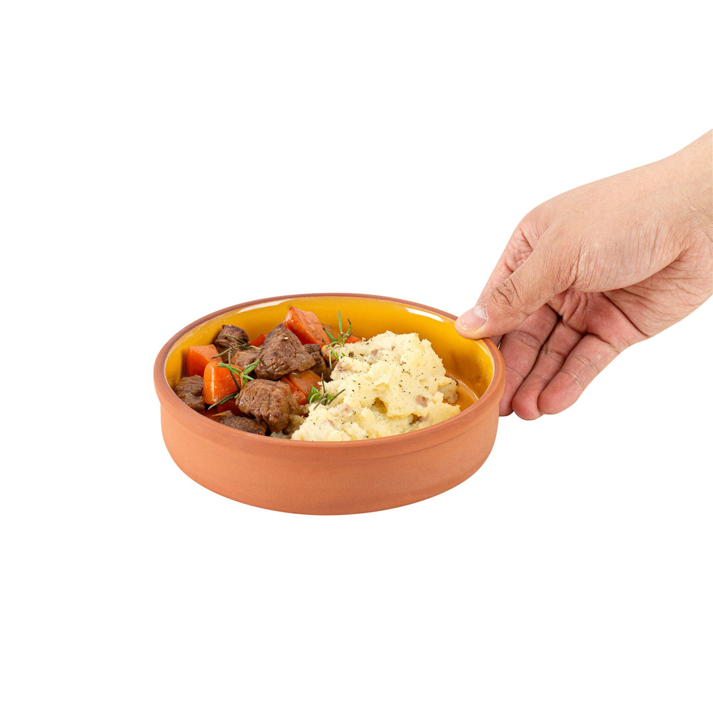 Terra Tek 15 oz Terracotta Cazuela Bowl - Yellow Glazed Interior, Oven-Safe, Microwave-Safe - 6 1/4" x 6 1/4" x 1 1/2" - 2 count box