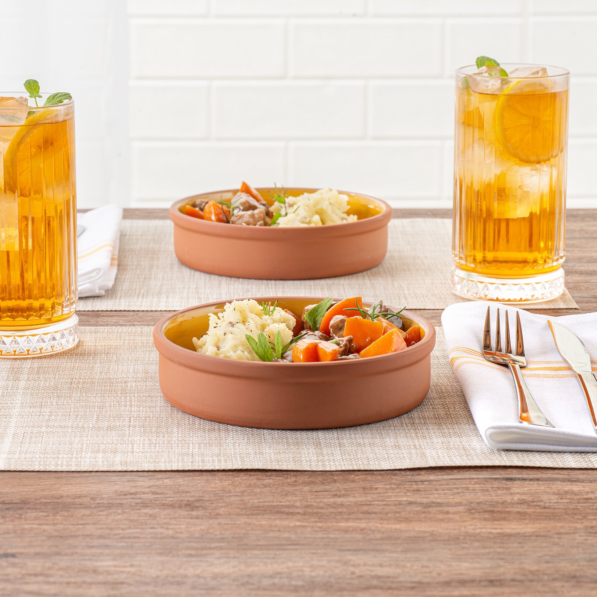 Terra Tek 15 oz Terracotta Cazuela Bowl - Yellow Glazed Interior, Oven-Safe, Microwave-Safe - 6 1/4" x 6 1/4" x 1 1/2" - 10 count box