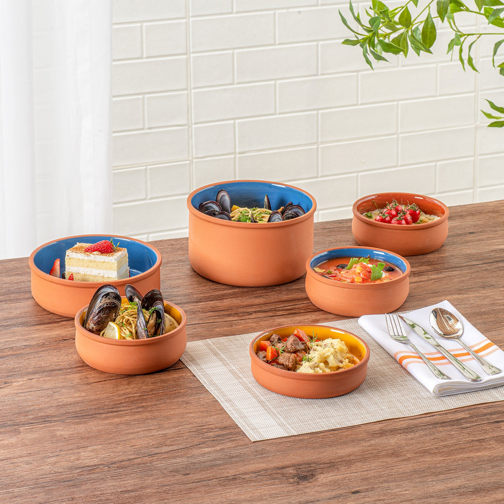 Terra Tek 15 oz Terracotta Cazuela Bowl - Yellow Glazed Interior, Oven-Safe, Microwave-Safe - 6 1/4" x 6 1/4" x 1 1/2" - 10 count box