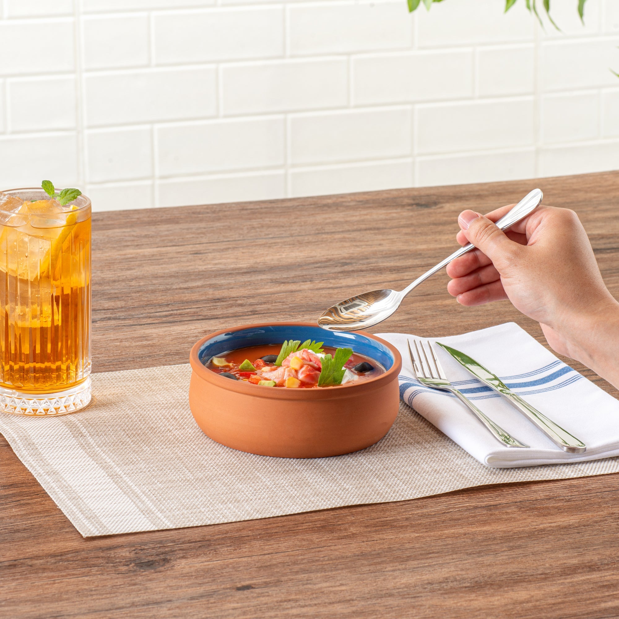 Terra Tek 17 oz Terracotta Cazuela Bowl - Blue Glazed Interior, Oven-Safe, Microwave-Safe - 5 3/4" x 5 3/4" x 2" - 10 count box