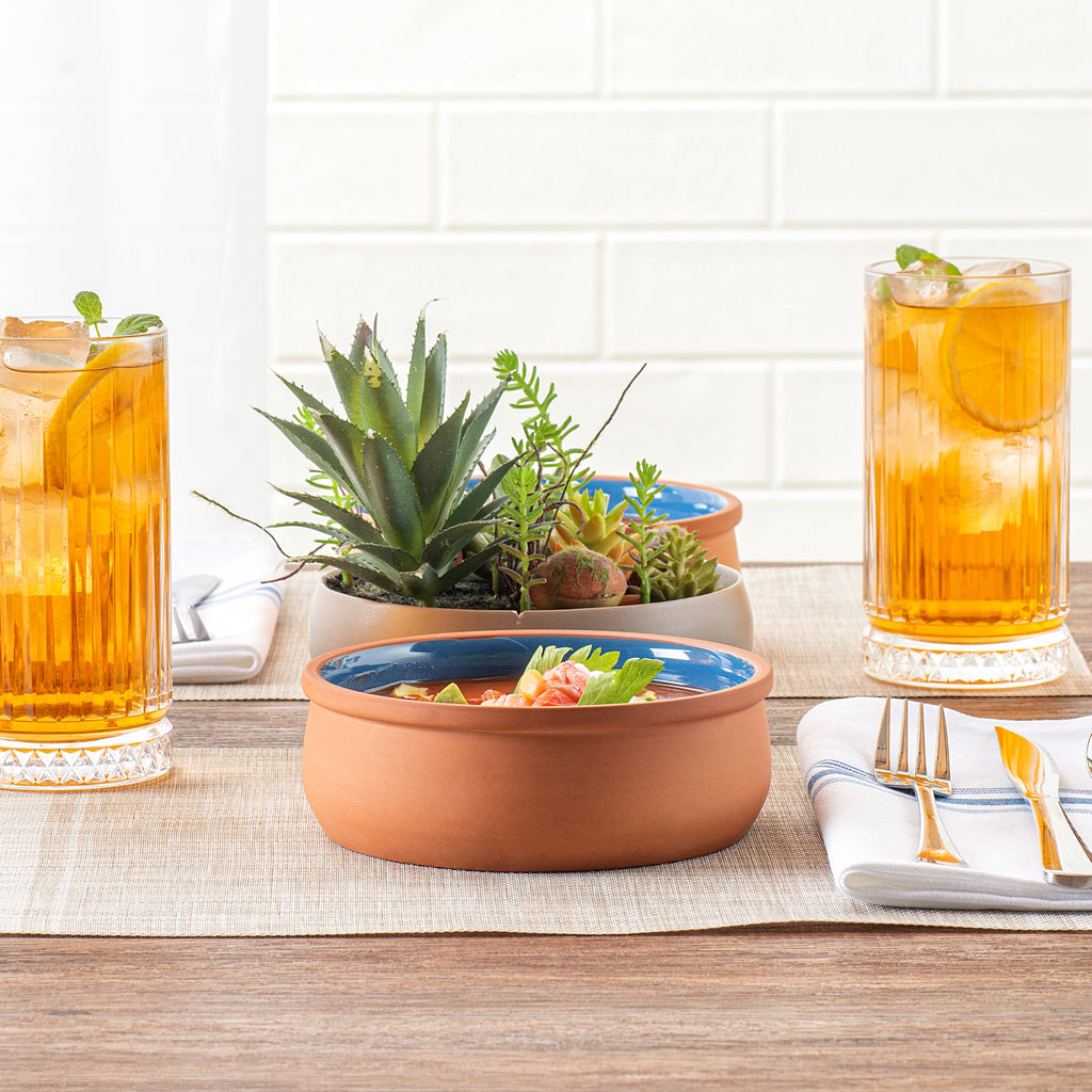 Terra Tek 17 oz Terracotta Cazuela Bowl - Blue Glazed Interior, Oven-Safe, Microwave-Safe - 5 3/4" x 5 3/4" x 2" - 10 count box