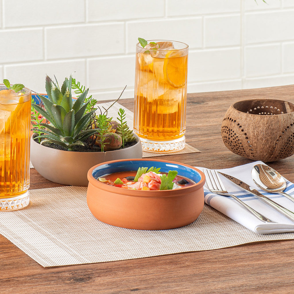 Terra Tek 17 oz Terracotta Cazuela Bowl - Blue Glazed Interior, Oven-Safe, Microwave-Safe - 5 3/4" x 5 3/4" x 2" - 10 count box