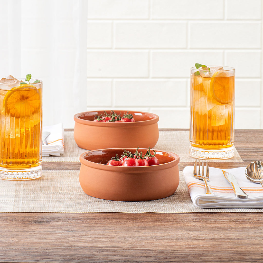 Terra Tek 17 oz Terracotta Cazuela Bowl - Brown Glazed Interior, Oven-Safe, Microwave-Safe - 5 3/4" x 5 3/4" x 2" - 2 count box