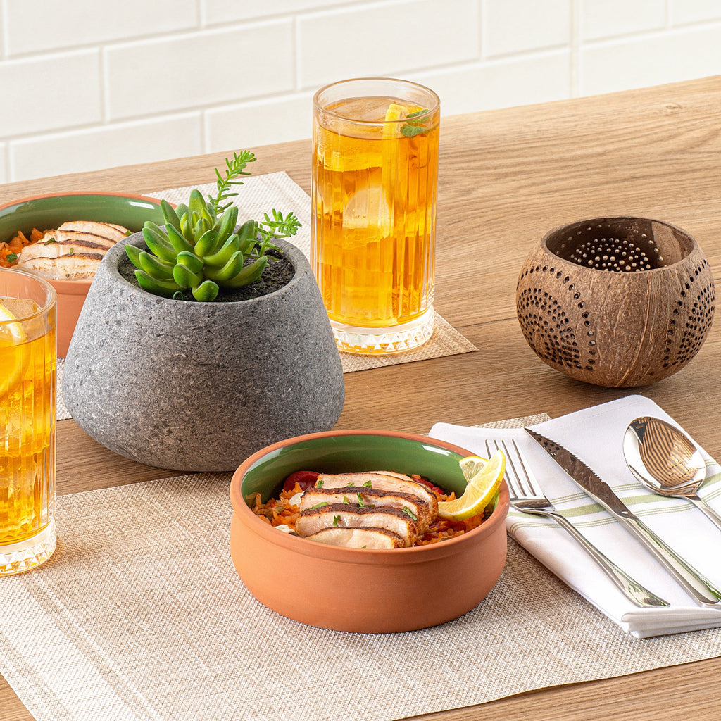 Terra Tek 17 oz Terracotta Cazuela Bowl - Green Glazed Interior, Oven-Safe, Microwave-Safe - 5 3/4" x 5 3/4" x 2" - 2 count box