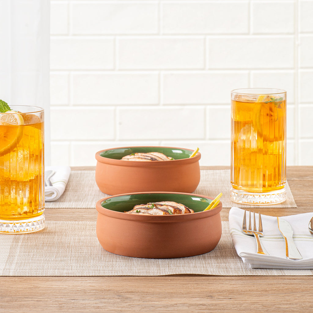 Terra Tek 17 oz Terracotta Cazuela Bowl - Green Glazed Interior, Oven-Safe, Microwave-Safe - 5 3/4" x 5 3/4" x 2" - 2 count box