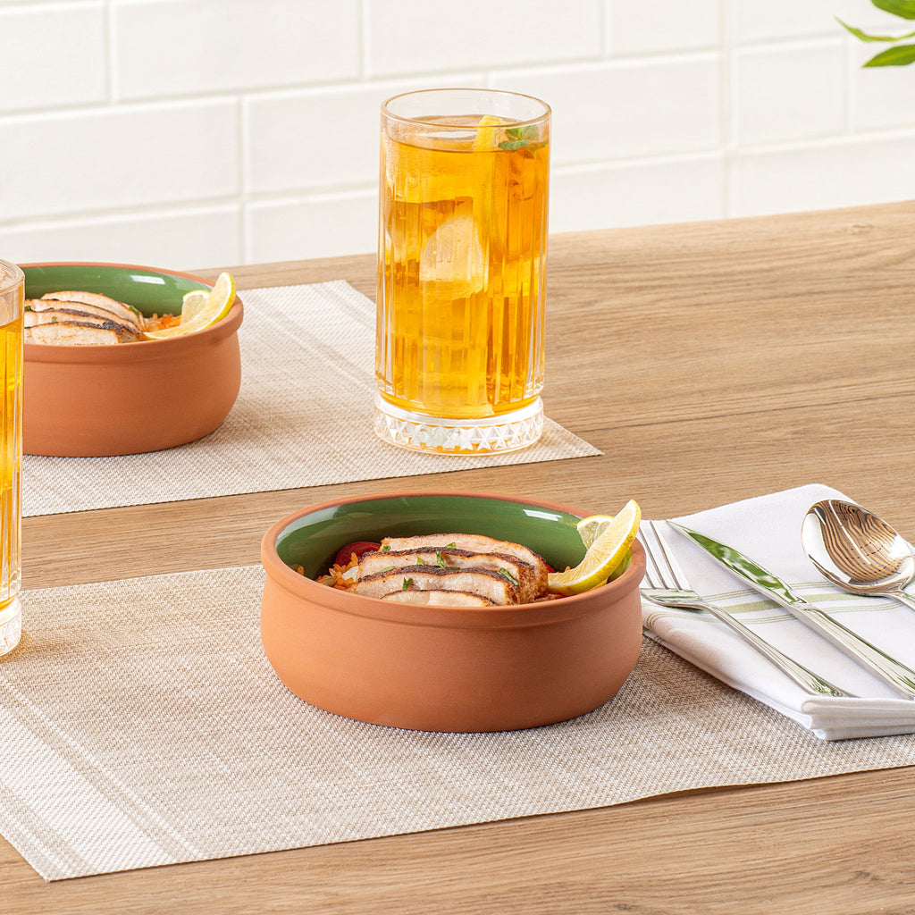 Terra Tek 17 oz Terracotta Cazuela Bowl - Green Glazed Interior, Oven-Safe, Microwave-Safe - 5 3/4" x 5 3/4" x 2" - 2 count box