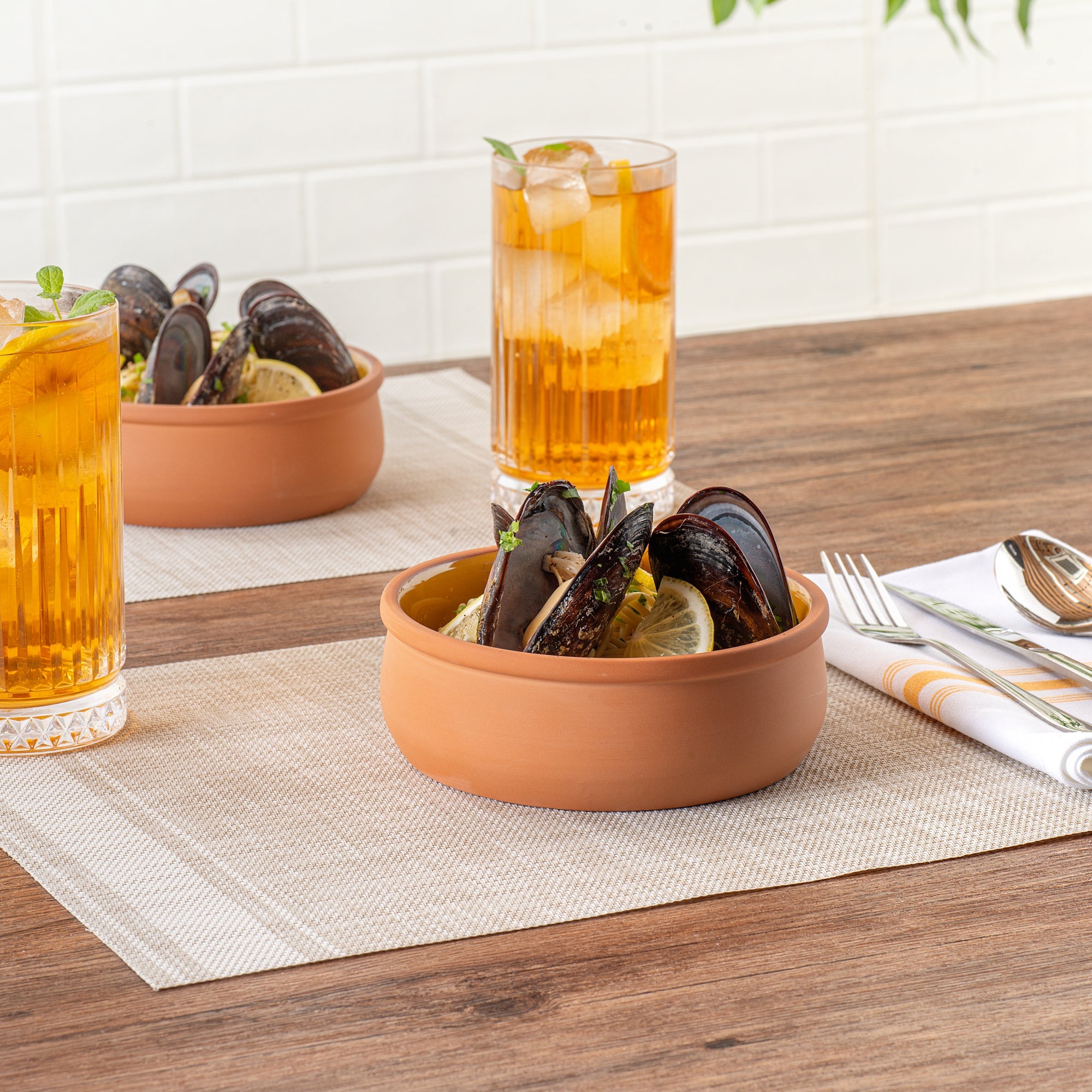 Terra Tek 17 oz Terracotta Cazuela Bowl - Yellow Glazed Interior, Oven-Safe, Microwave-Safe - 5 3/4" x 5 3/4" x 2" - 10 count box