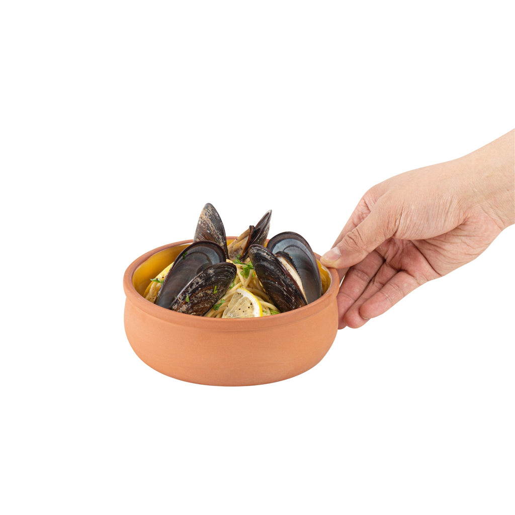 Terra Tek 17 oz Terracotta Cazuela Bowl - Yellow Glazed Interior, Oven-Safe, Microwave-Safe - 5 3/4" x 5 3/4" x 2" - 10 count box