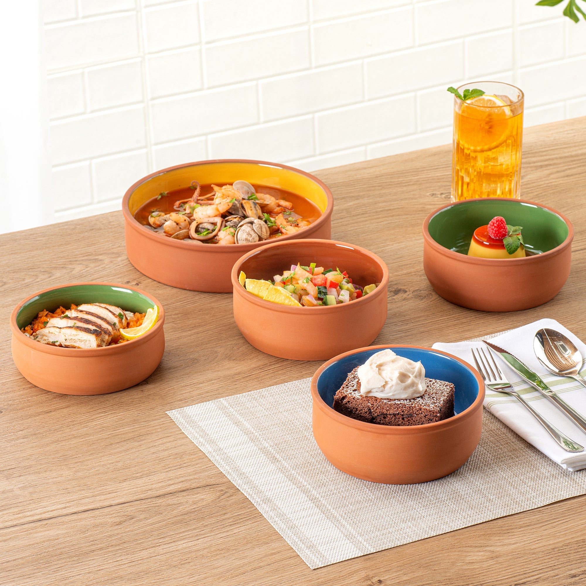 Terra Tek 27 oz Terracotta Cazuela Bowl - Blue Glazed Interior, Oven-Safe, Microwave-Safe - 6 1/4'' x 6 1/4'' x 2 1/2'' - 10 count box