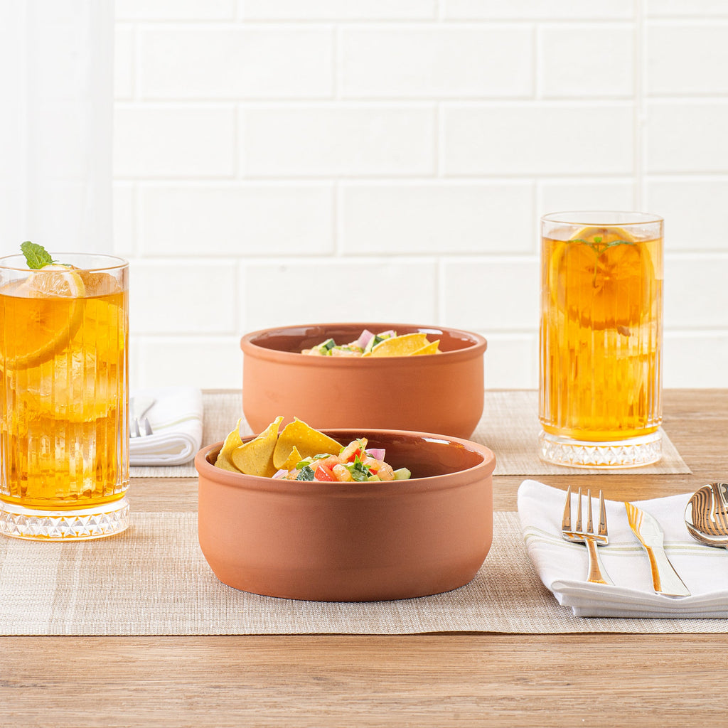 Terra Tek 27 oz Terracotta Cazuela Bowl - Brown Glazed Interior, Oven-Safe, Microwave-Safe - 6 1/4'' x 6 1/4'' x 2 1/2'' - 10 count box