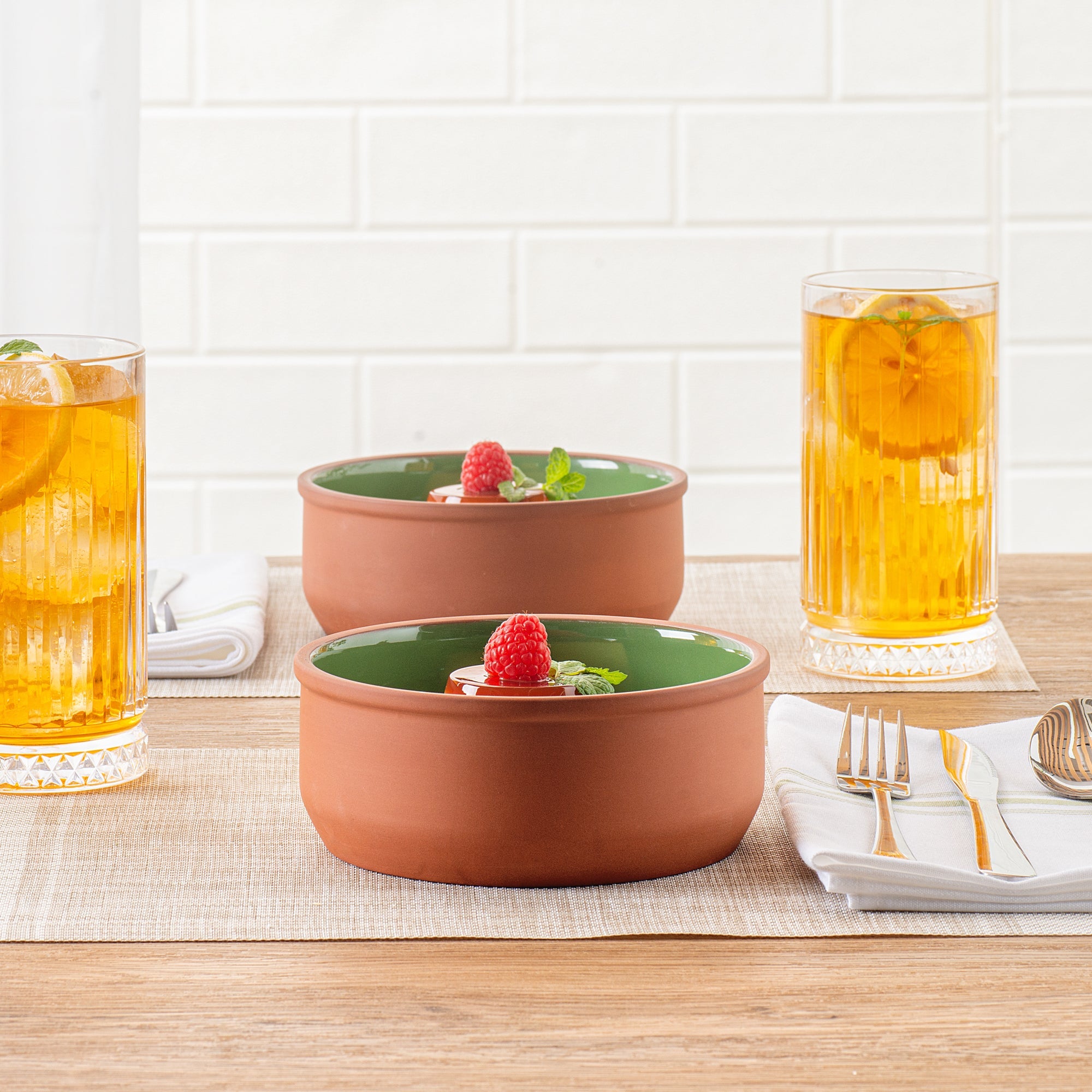 Terra Tek 27 oz Terracotta Cazuela Bowl - Green Glazed Interior, Oven-Safe, Microwave-Safe - 6 1/4'' x 6 1/4'' x 2 1/2'' - 2 count box